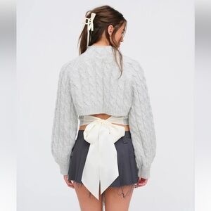 For Love and Lemons | BNWT Grey Lise Chunky Cropped Sweater w/ Ribbon Size Large